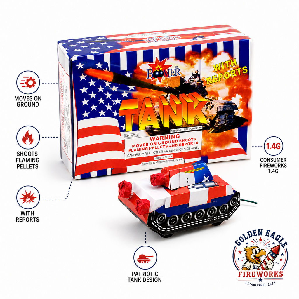 Tank novelty ground firework feature image showing patriotic tank design, moves on ground, shoots flaming pellets, reports, and consumer fireworks details from Golden Eagle Fireworks.