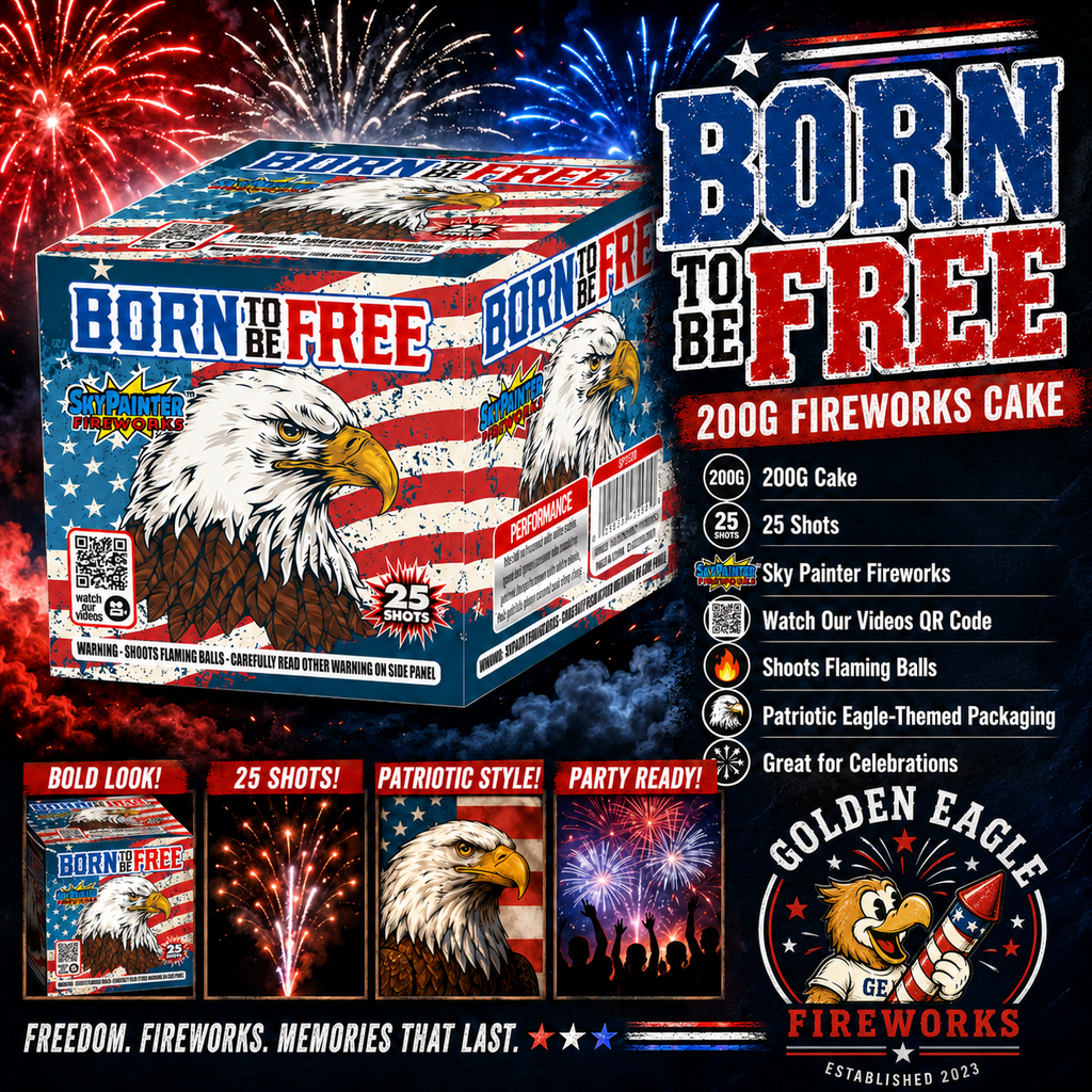 Golden Eagle Fireworks Born to Be Free 200g fireworks cake hero — 25 shots, patriotic eagle-themed packaging, flaming balls bright effects, Sky Painter Fireworks, freedom fireworks memories Houston TX