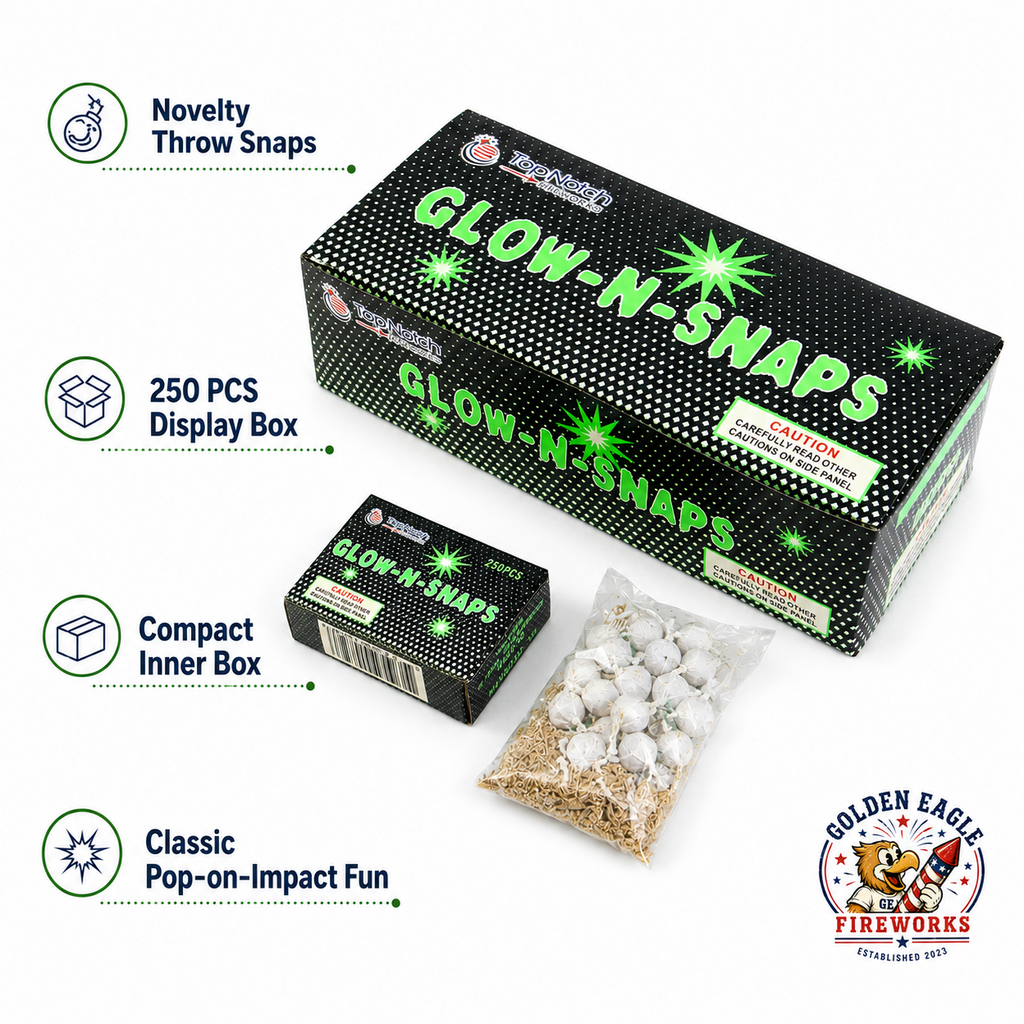 Glow-N-Snaps feature image showing 250 piece display box, compact inner box, individual novelty throw snaps, classic pop-on-impact sound, and celebration fireworks from Golden Eagle Fireworks.