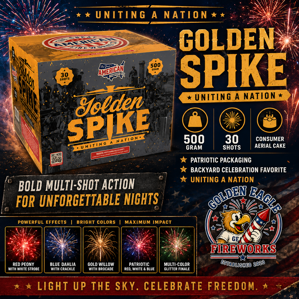Golden Spike 500 gram 30-shot fireworks cake — red peony, blue dahlia, gold willow, patriotic and multi-color glitter finale effects, available at Golden Eagle Fireworks