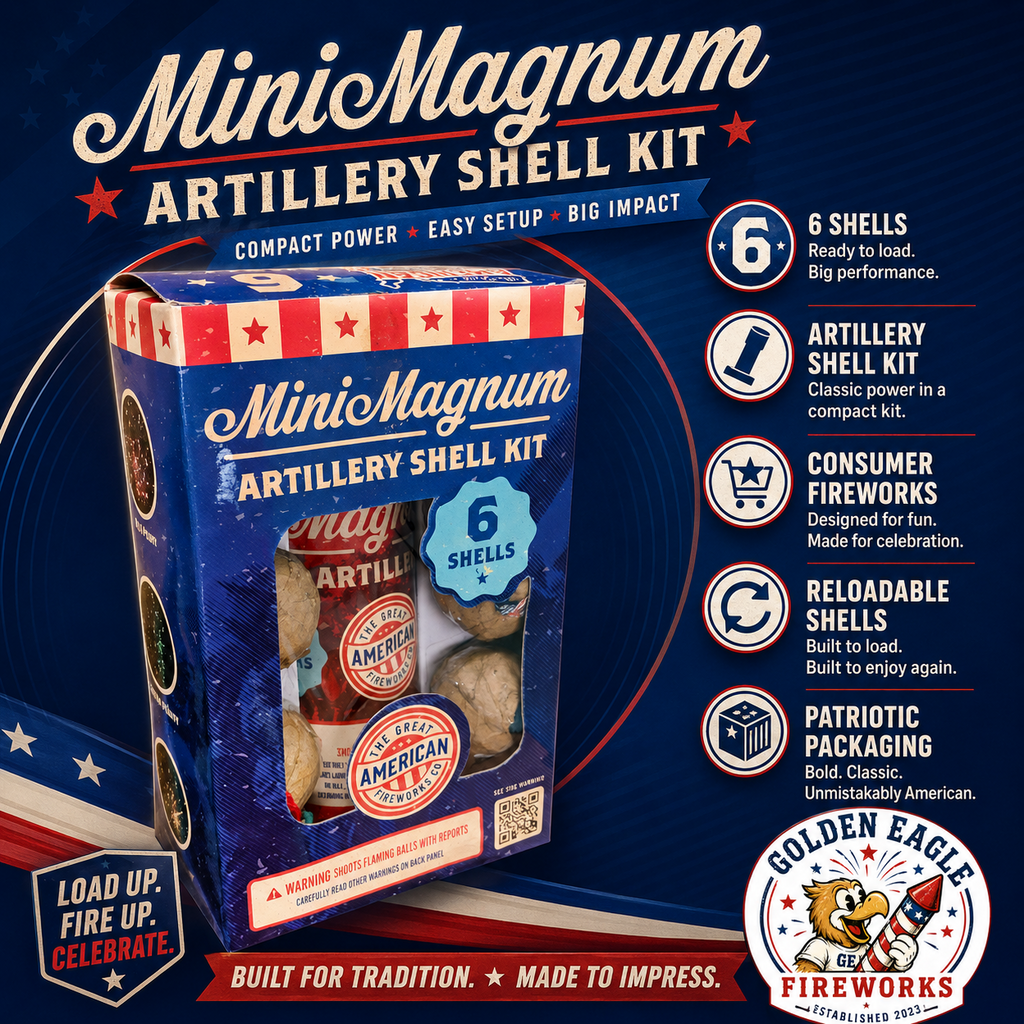 Mini Magnum artillery shell kit with 6 reloadable shells delivering classic aerial fireworks performance in a compact patriotic package sold by Golden Eagle Fireworks.