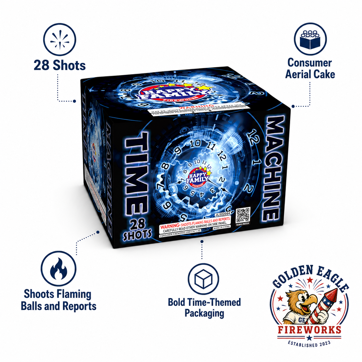Time Machine aerial fireworks cake with 28 shots and bold time-themed artwork, consumer fireworks cake designed for backyard celebrations and holiday events