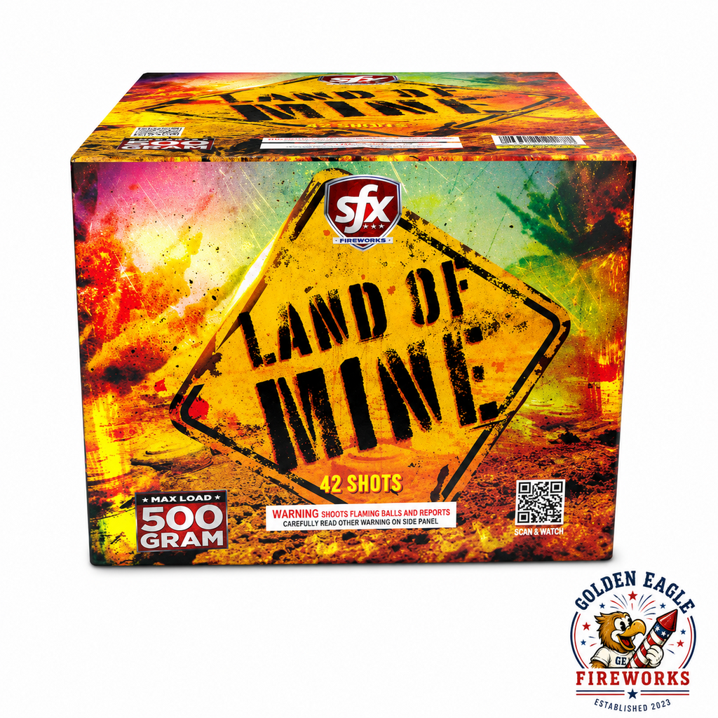 Land of Mine 500 gram aerial cake by SFX Fireworks featuring 42 shots, flaming balls and reports, premium consumer fireworks available at Golden Eagle Fireworks