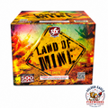 Land of Mine 500 gram aerial cake by SFX Fireworks featuring 42 shots, flaming balls and reports, premium consumer fireworks available at Golden Eagle Fireworks