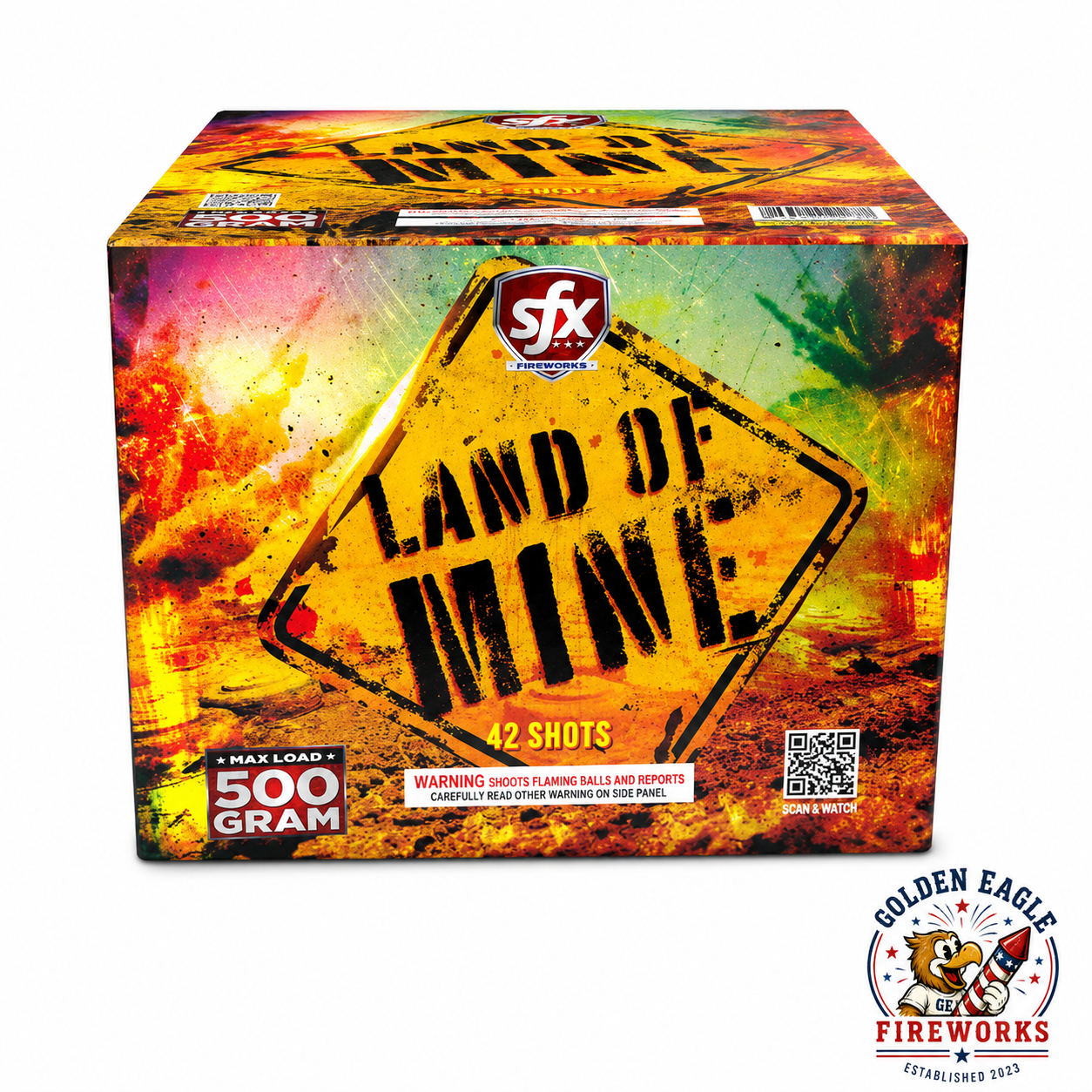 Land of Mine 500 gram aerial cake by SFX Fireworks featuring 42 shots, flaming balls and reports, premium consumer fireworks available at Golden Eagle Fireworks