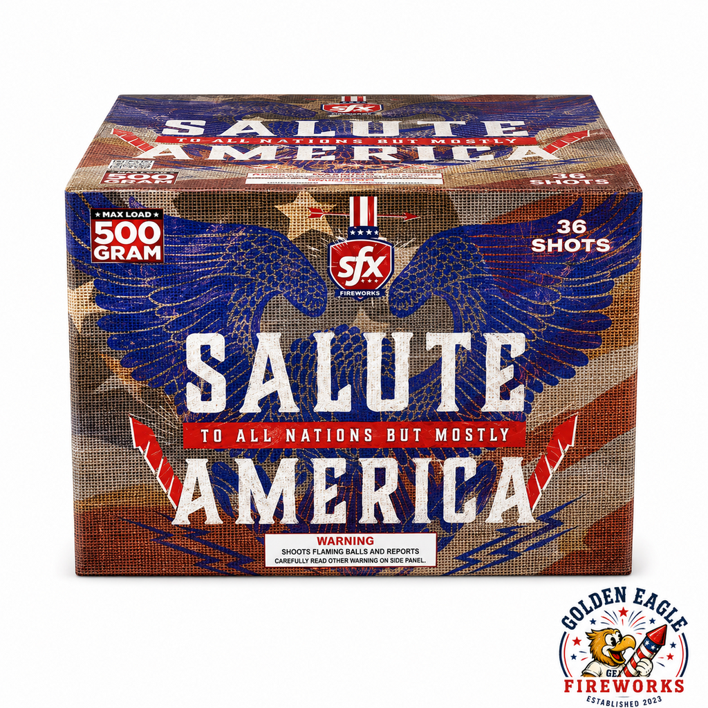 Salute America 500 gram aerial cake by SFX Fireworks featuring 36 shots, patriotic Americana packaging and consumer fireworks performance available at Golden Eagle Fireworks