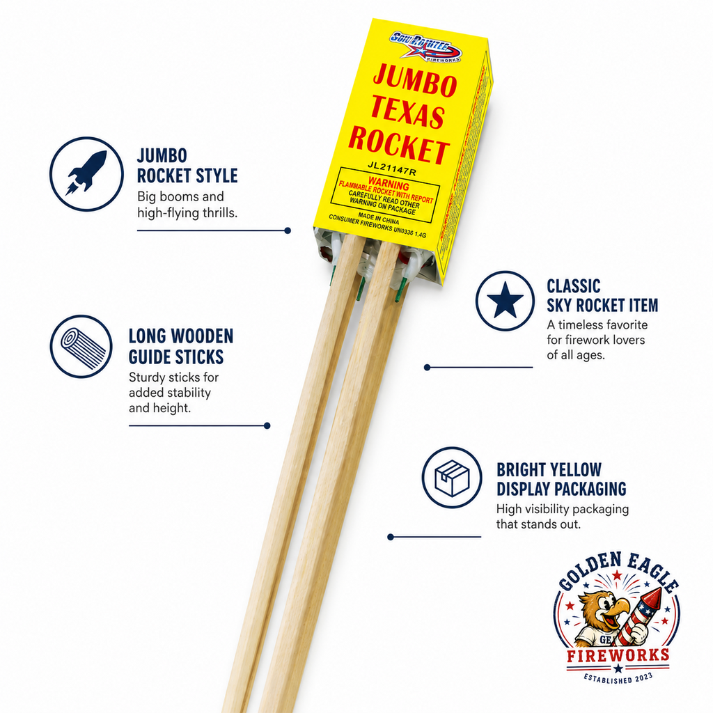 Jumbo Texas Rocket feature image showing jumbo rocket style fireworks, long wooden guide sticks, bright yellow display packaging, classic sky rocket item, and outdoor fireworks from Golden Eagle Fireworks.