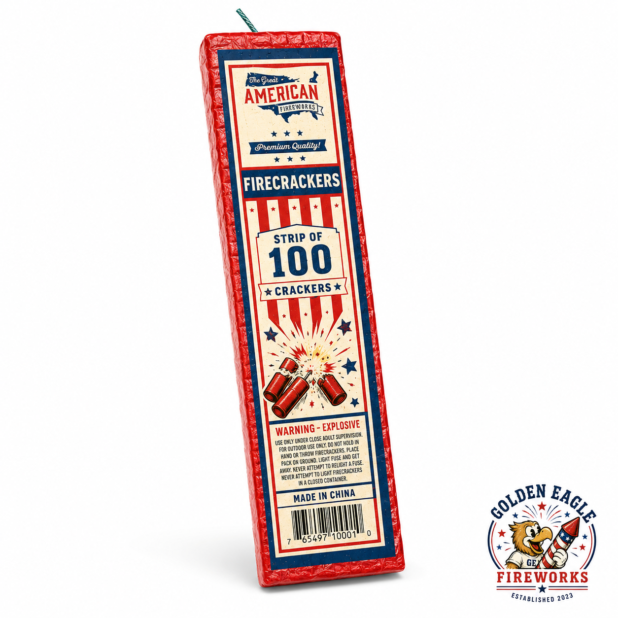 Golden Eagle Fireworks strip of 100 firecrackers by The Great American Fireworks Co., premium quality red foil firecracker strip with single fuse, consumer fireworks Houston TX