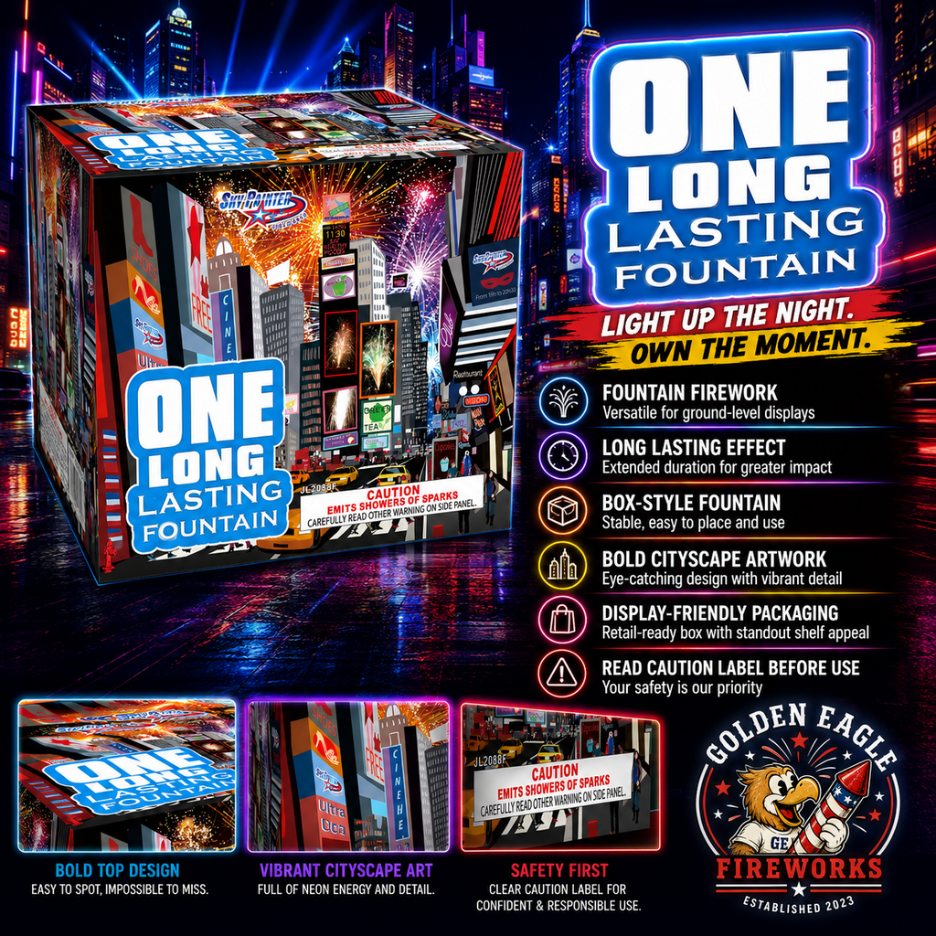 One Long Lasting Fountain firework infographic featuring bright urban night theme, long lasting fountain effect, box-style design, bold cityscape artwork, and display-friendly packaging from Golden Eagle Fireworks.