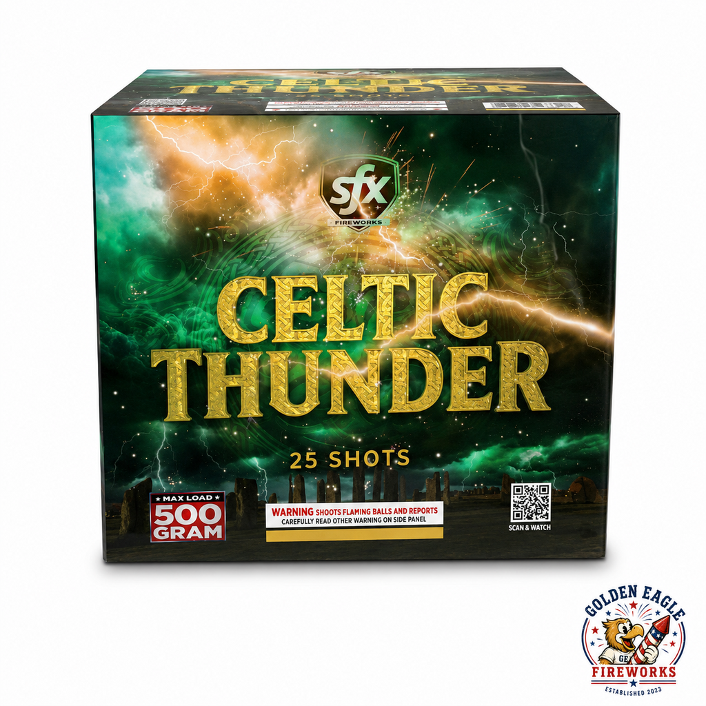 Celtic Thunder 500 gram aerial cake available at Golden Eagle Fireworks in Humble Texas featuring 25 shots, Celtic storm-themed packaging, and consumer fireworks performance.