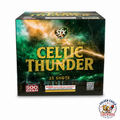 Celtic Thunder 500 gram aerial cake available at Golden Eagle Fireworks in Humble Texas featuring 25 shots, Celtic storm-themed packaging, and consumer fireworks performance.