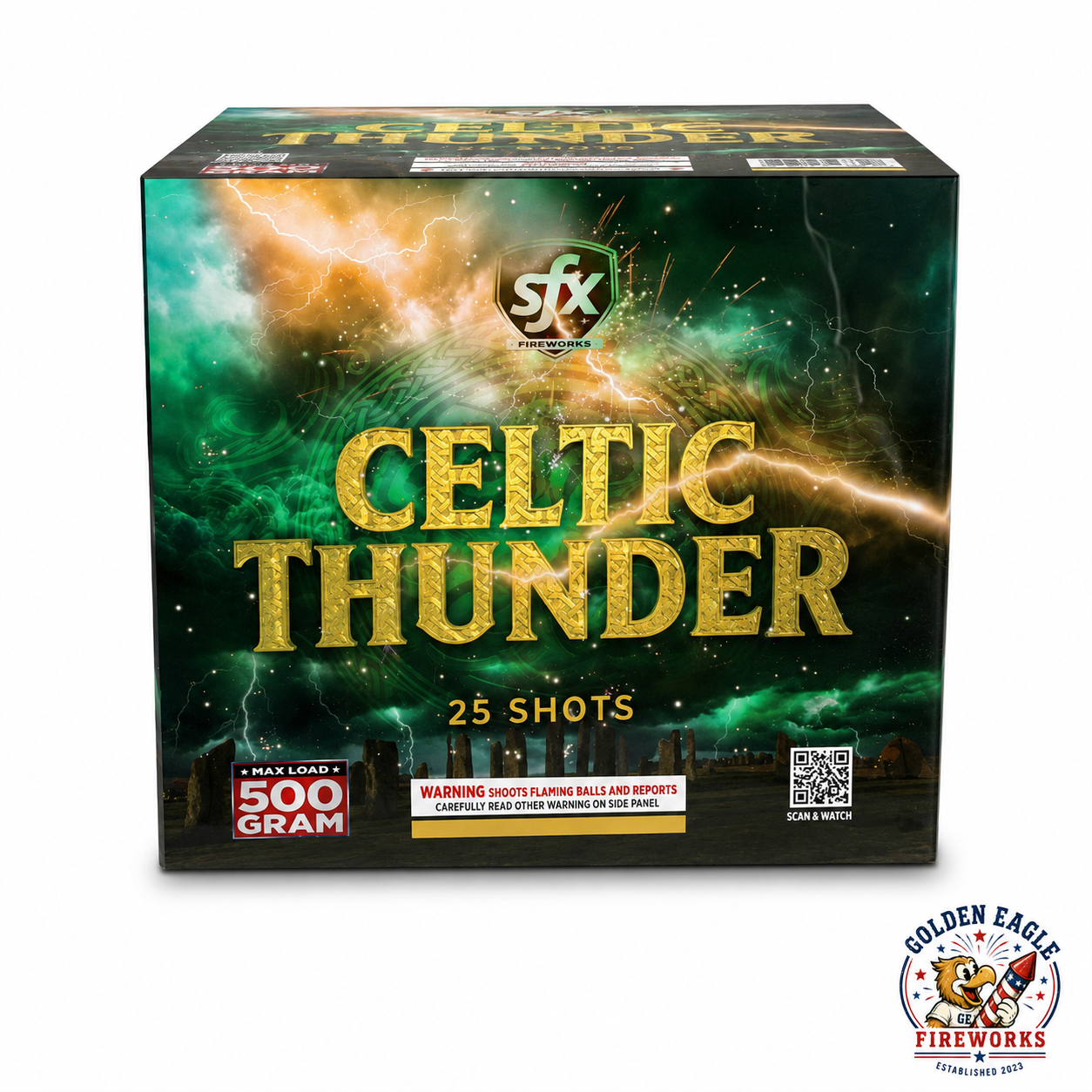 Celtic Thunder 500 gram aerial cake available at Golden Eagle Fireworks in Humble Texas featuring 25 shots, Celtic storm-themed packaging, and consumer fireworks performance.
