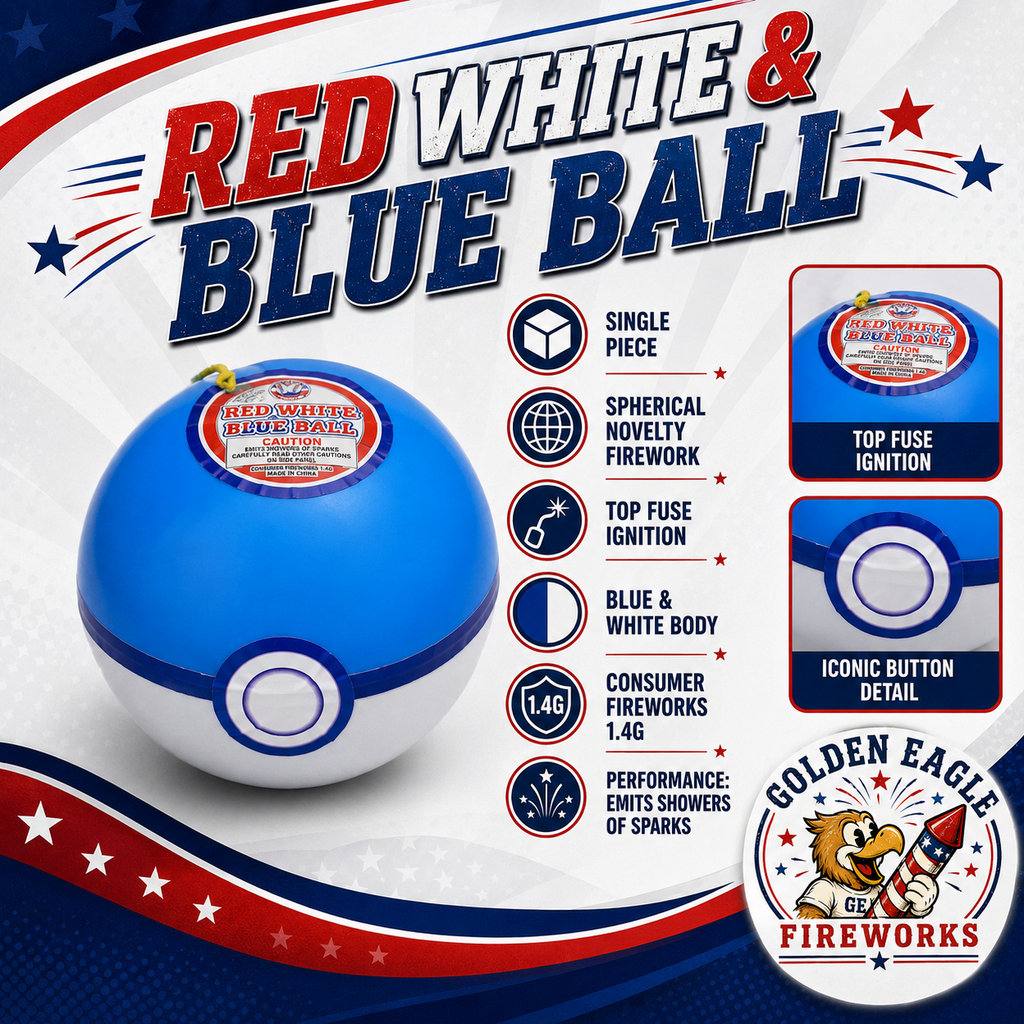 Red White & Blue Ball infographic featuring single piece spherical novelty firework, blue and white body, top fuse ignition, button-style detail, consumer fireworks 1.4G, and celebration fireworks from Golden Eagle Fireworks.