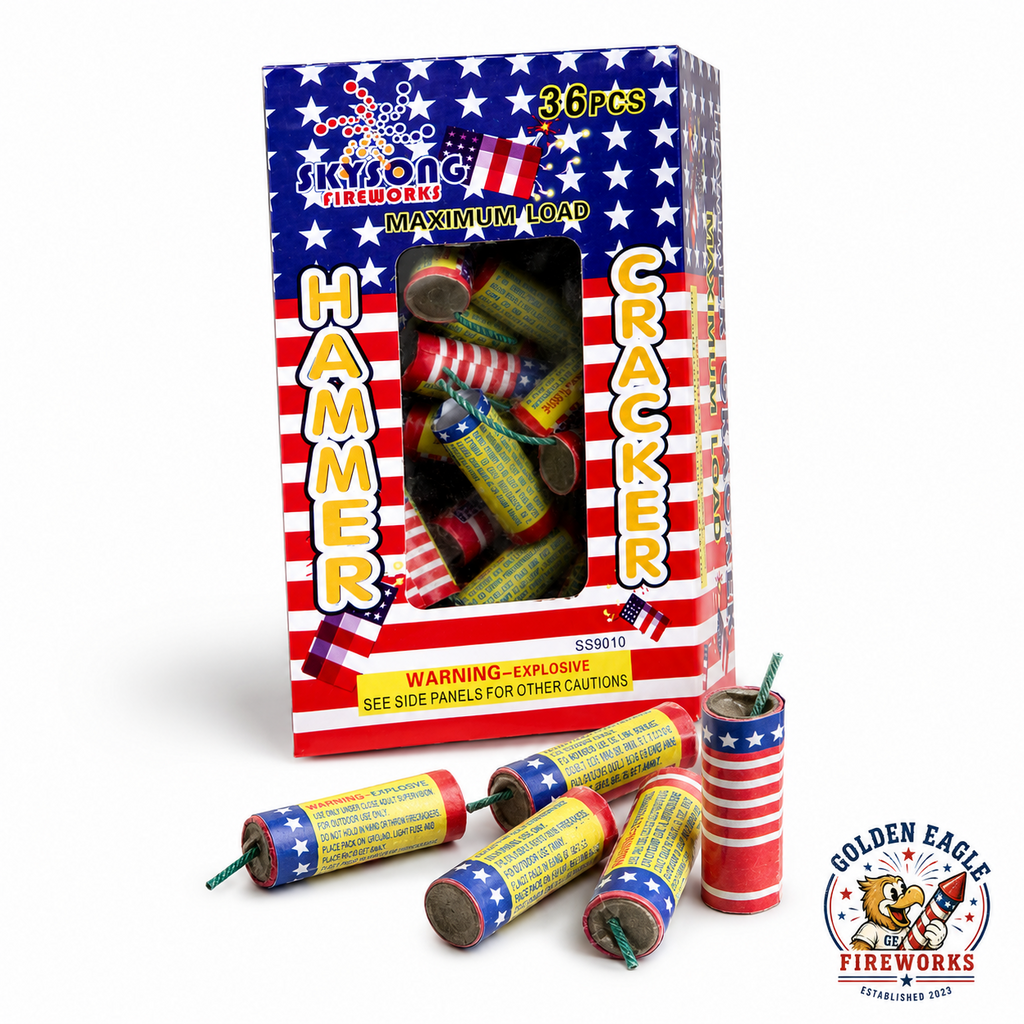 Golden Eagle Fireworks Skysong Hammer Cracker 36-count Maximum Load box open showing individual patriotic salute crackers, SS9010 consumer fireworks Houston TX
