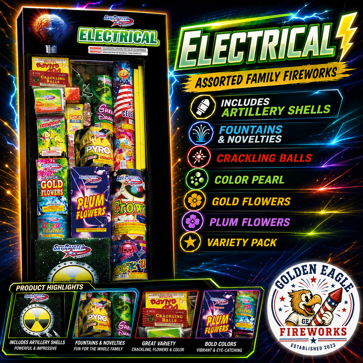 Electrical premium fireworks assortment featuring artillery shells, fountains, novelty fireworks, crackling balls, and colorful family fireworks available at Golden Eagle Fireworks in Humble, Texas.