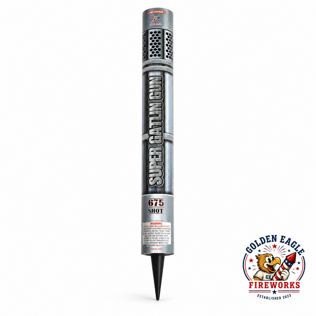 Super Gatlin Gun 675 shot firework featuring a silver metallic body, perforated barrel top, ground-stake design, compact upright profile, and celebration-ready fireworks available at Golden Eagle Fireworks.