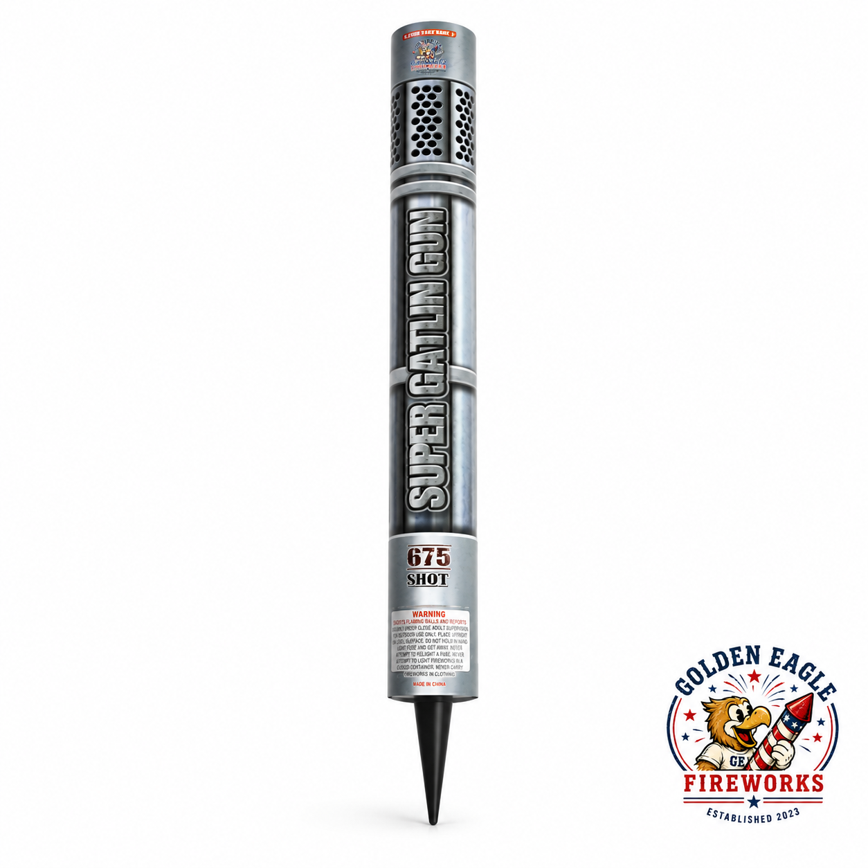 Super Gatlin Gun 675 shot firework featuring a silver metallic body, perforated barrel top, ground-stake design, compact upright profile, and celebration-ready fireworks available at Golden Eagle Fireworks.