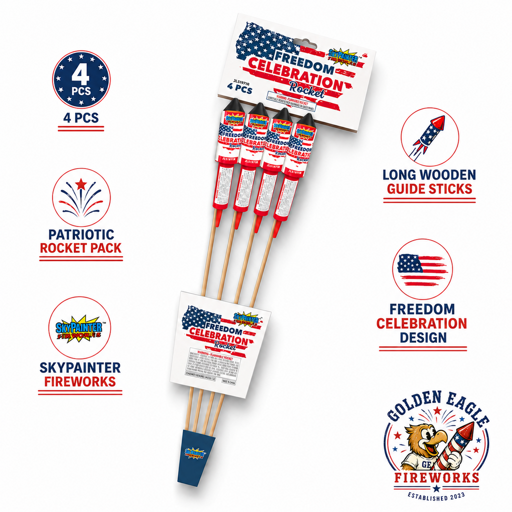 Golden Eagle Fireworks Sky Painter Freedom Celebration Rocket 4-piece spec view — patriotic rocket pack, long wooden guide sticks, freedom celebration design, Sky Painter Fireworks JLS1971R, Houston TX