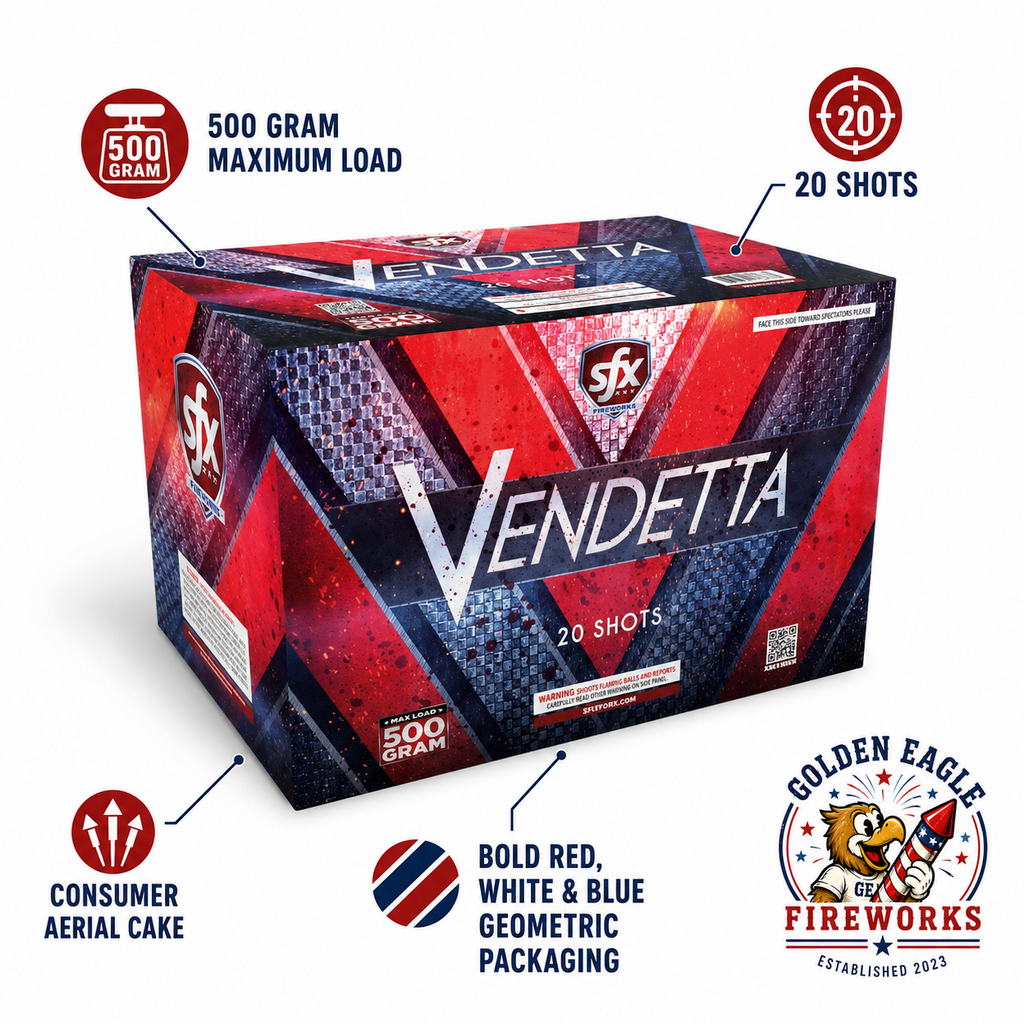 Vendetta 20-shot consumer aerial cake with 500 gram maximum load, patriotic fireworks cake featuring bold geometric packaging and aerial performance effects