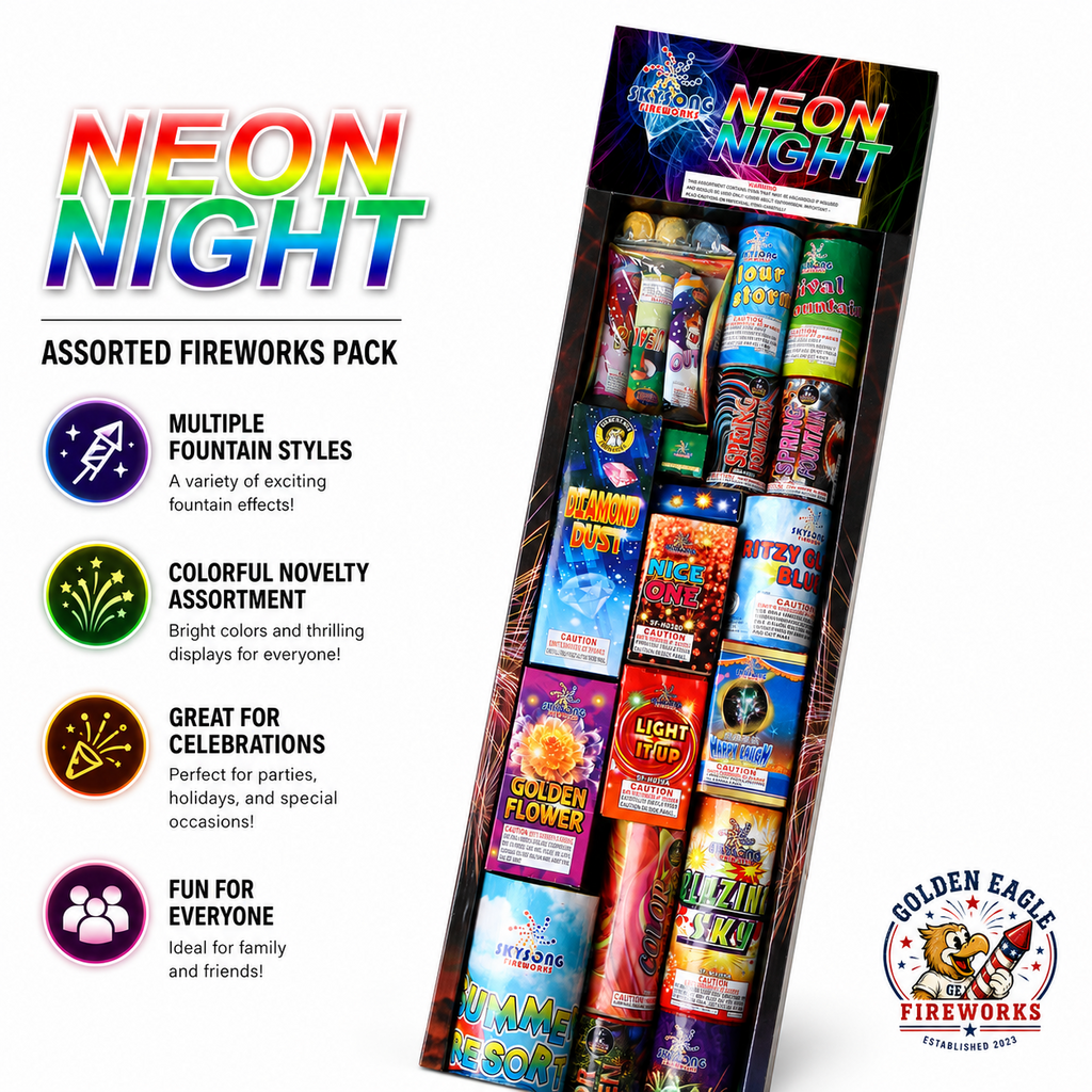 Neon Night assorted fireworks pack highlighting colorful fountains, novelty fireworks, and family-friendly assortment from Golden Eagle Fireworks.