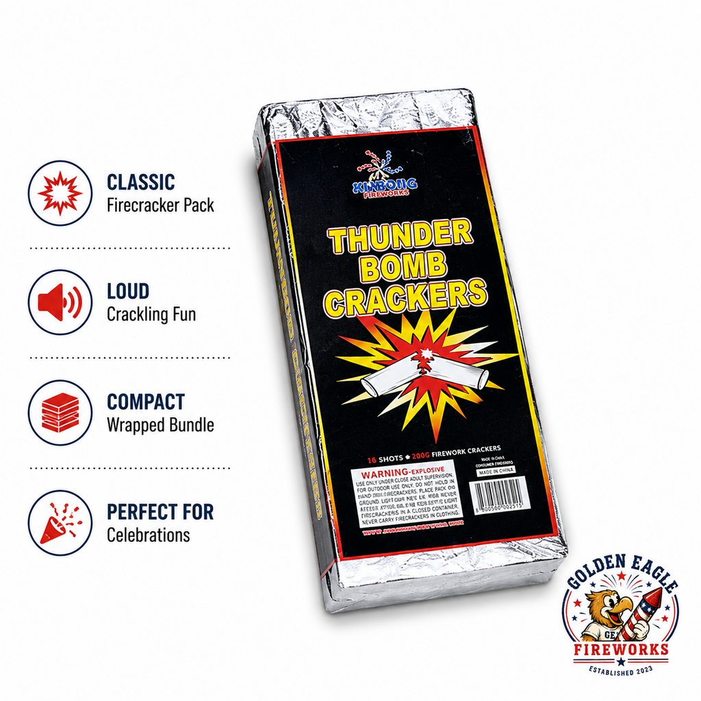 Thunder Bomb Crackers highlighting classic firecrackers, loud crackling report, compact wrapped bundle, and celebration-ready consumer fireworks from Golden Eagle Fireworks.
