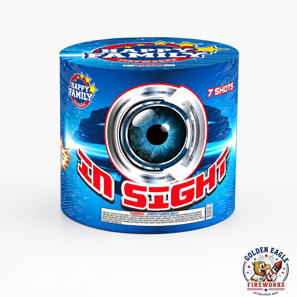 In Sight aerial cake by Happy Family Fireworks — bold blue cyber-tech packaging, 7 shots, sold at Golden Eagle Fireworks