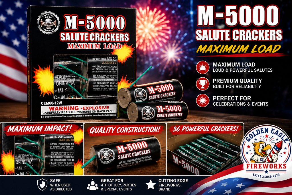 Golden Eagle Fireworks M-5000 Salute Crackers Maximum Load by Cutting Edge Fireworks — 12-count box of loud powerful salute crackers, premium quality consumer fireworks for 4th of July, parties, and special events in Houston, TX