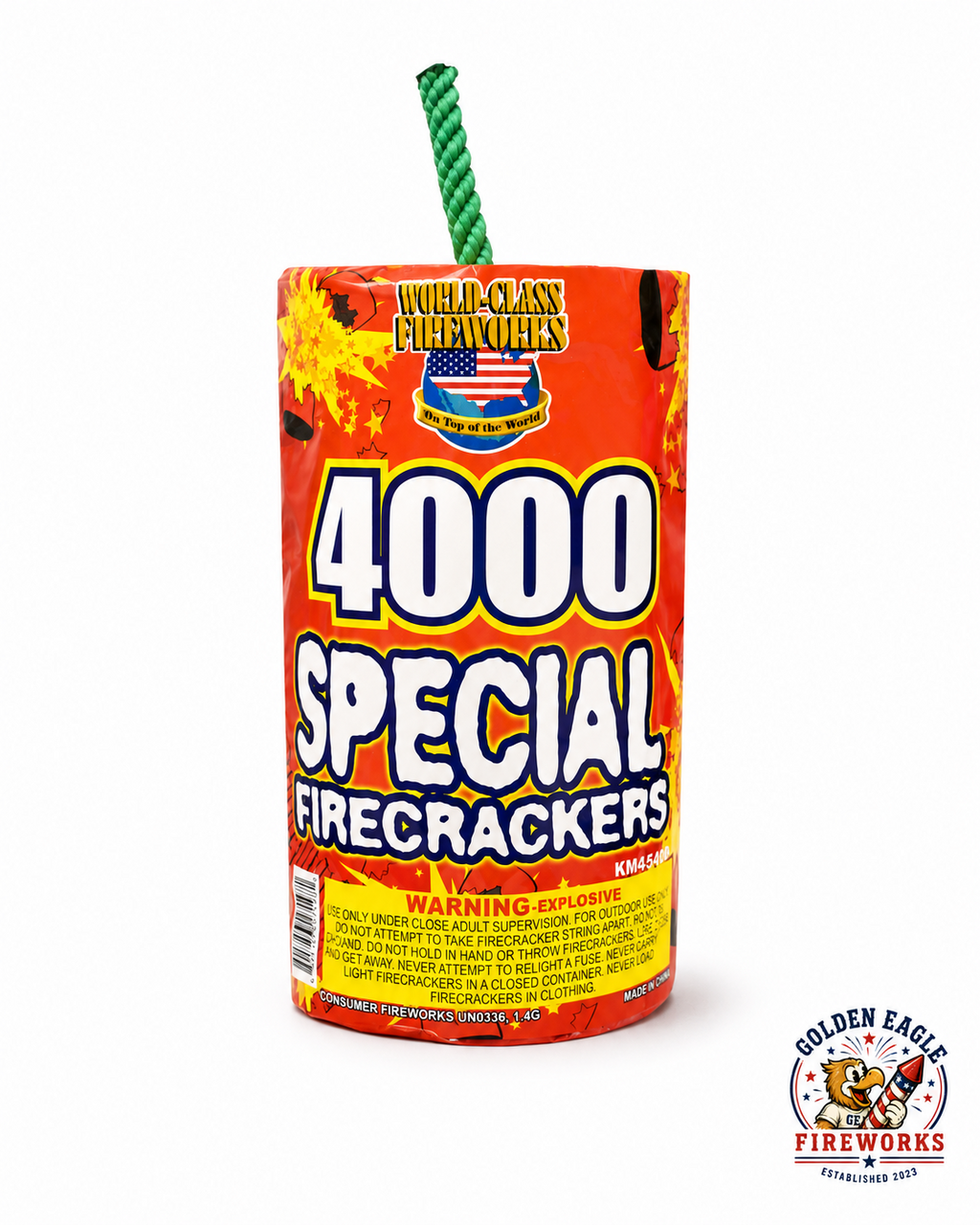 Golden Eagle Fireworks 4,000 Special Firecrackers roll by World-Class Fireworks, KM4540 consumer fireworks UN0336 1.4G, large count firecracker brick for 4th of July and celebrations in Houston TX