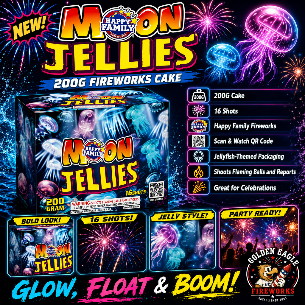 Golden Eagle Fireworks Happy Family Moon Jellies 200g fireworks cake hero — 16 shots, flaming balls and reports, neon jellyfish themed packaging, glow float and boom, Houston TX