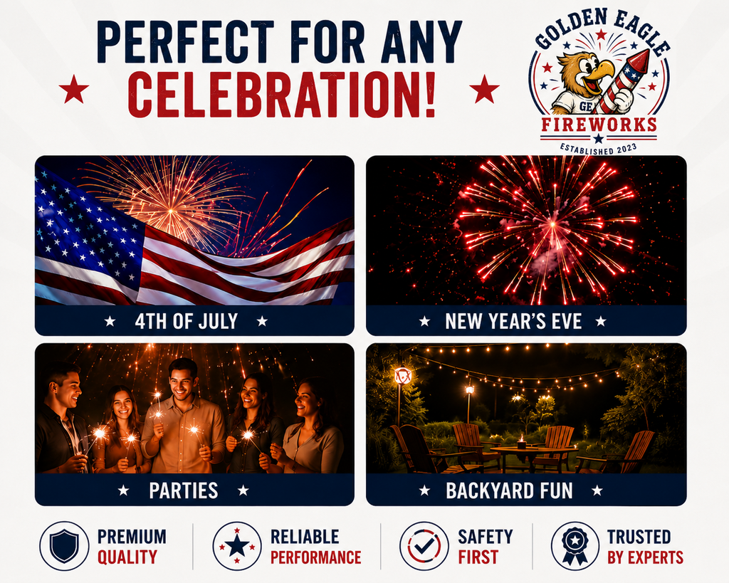 Golden Eagle Fireworks — perfect for any celebration including 4th of July, New Year's Eve, parties, and backyard fun. Premium quality, reliable performance, safety first. Houston, Texas fireworks.
