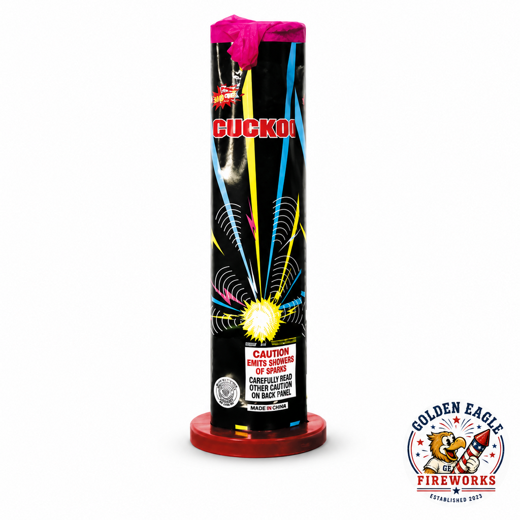 Cuckoo novelty fountain firework with tall black tube design, bright pink tissue top, colorful wrap, and stable red round base available at Golden Eagle Fireworks.