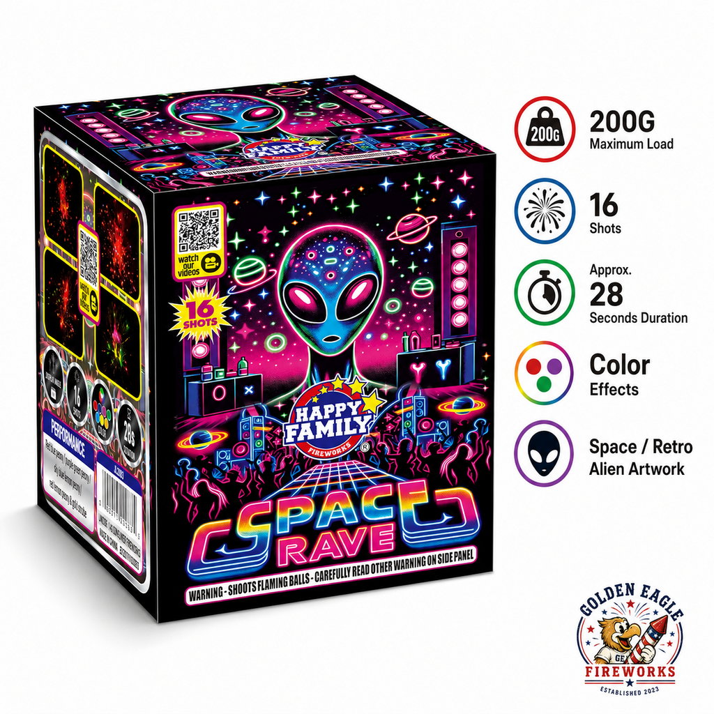 Golden Eagle Fireworks Space Rave 200g maximum load cake angled view — 16 shots approximately 28 seconds, red blue peony purple green peony sky blue lemon peony red lemon peony gold strobe, Houston TX