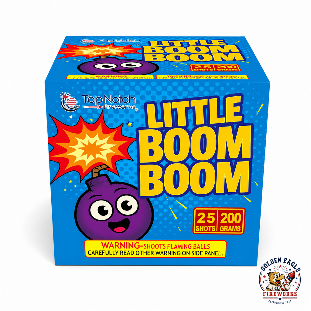 Golden Eagle Fireworks Top Notch Little Boom Boom 200g fireworks cake angled view, 25 shots 200 grams, cartoon bomb character blue comic-style packaging, shoots flaming balls, Houston TX