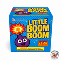 Golden Eagle Fireworks Top Notch Little Boom Boom 200g fireworks cake angled view, 25 shots 200 grams, cartoon bomb character blue comic-style packaging, shoots flaming balls, Houston TX
