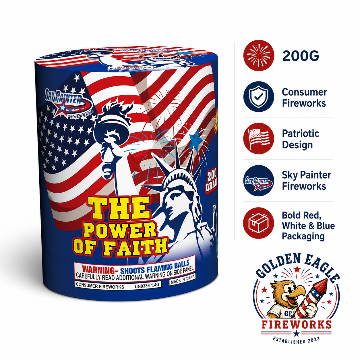 Golden Eagle Fireworks The Power of Faith 200g cake angled view by Sky Painter Fireworks — bold red white and blue patriotic Liberty design, consumer fireworks UN0336 1.4G, Houston TX