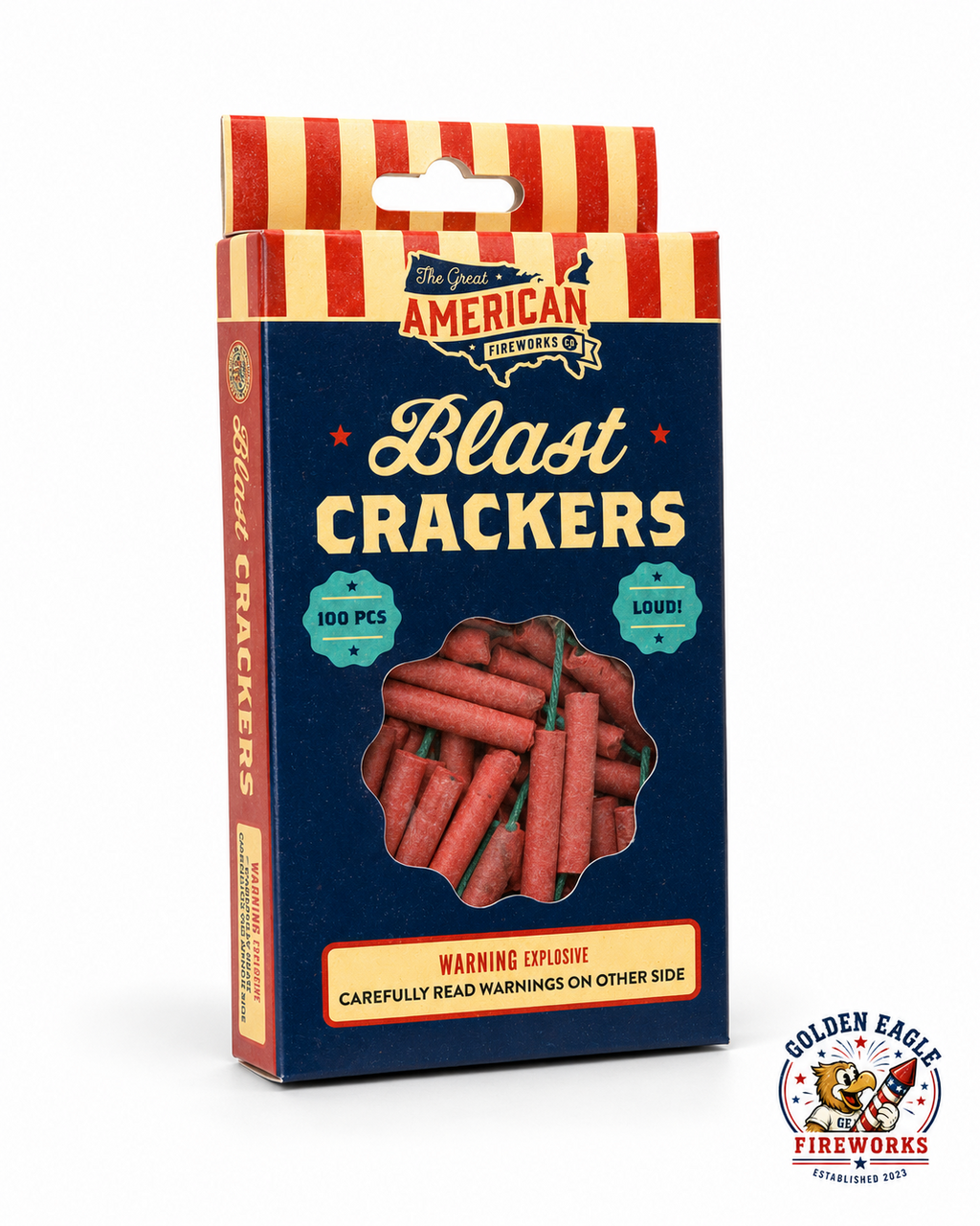 Golden Eagle Fireworks Blast Crackers 100-count box by The Great American Fireworks Co., loud consumer firecrackers for 4th of July and celebrations, Houston TX