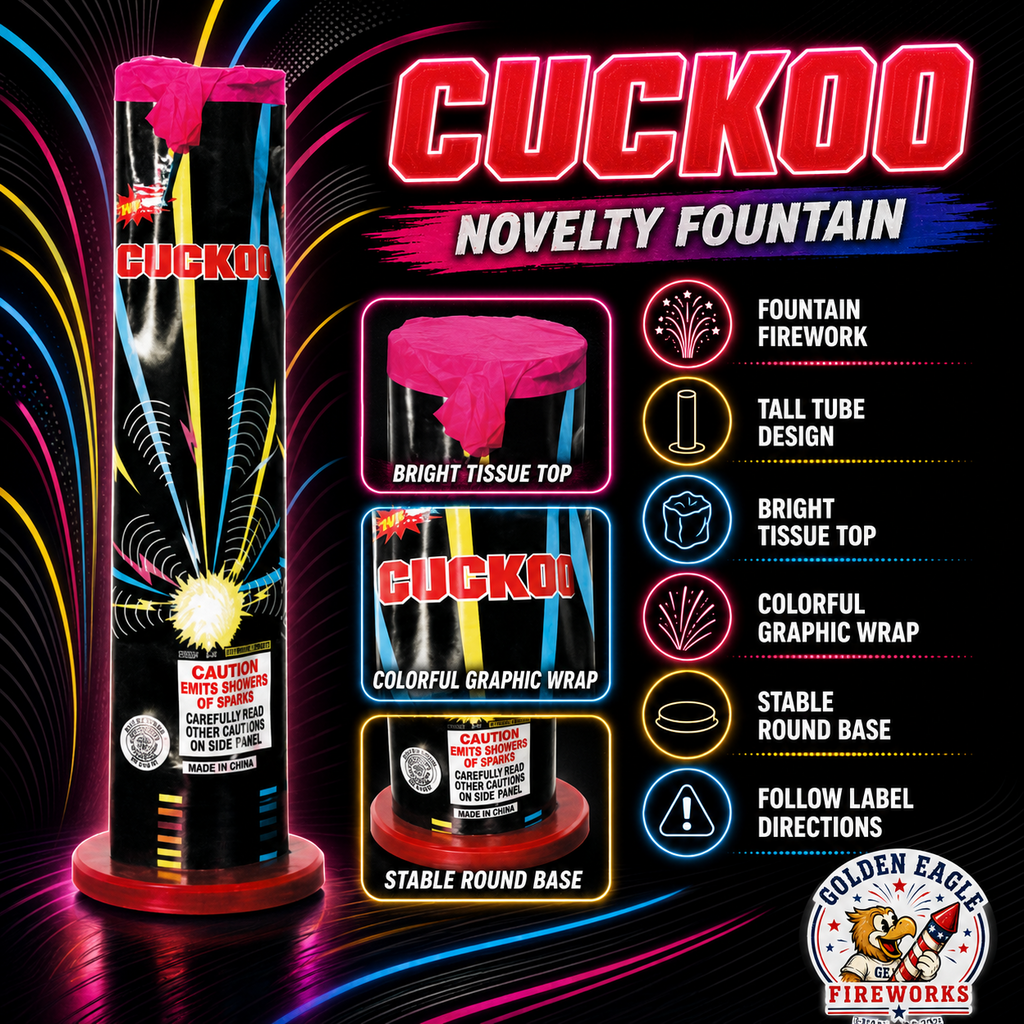 Cuckoo novelty fountain firework infographic featuring bright tissue top, colorful graphic wrap, stable round base, and fountain firework details from Golden Eagle Fireworks.