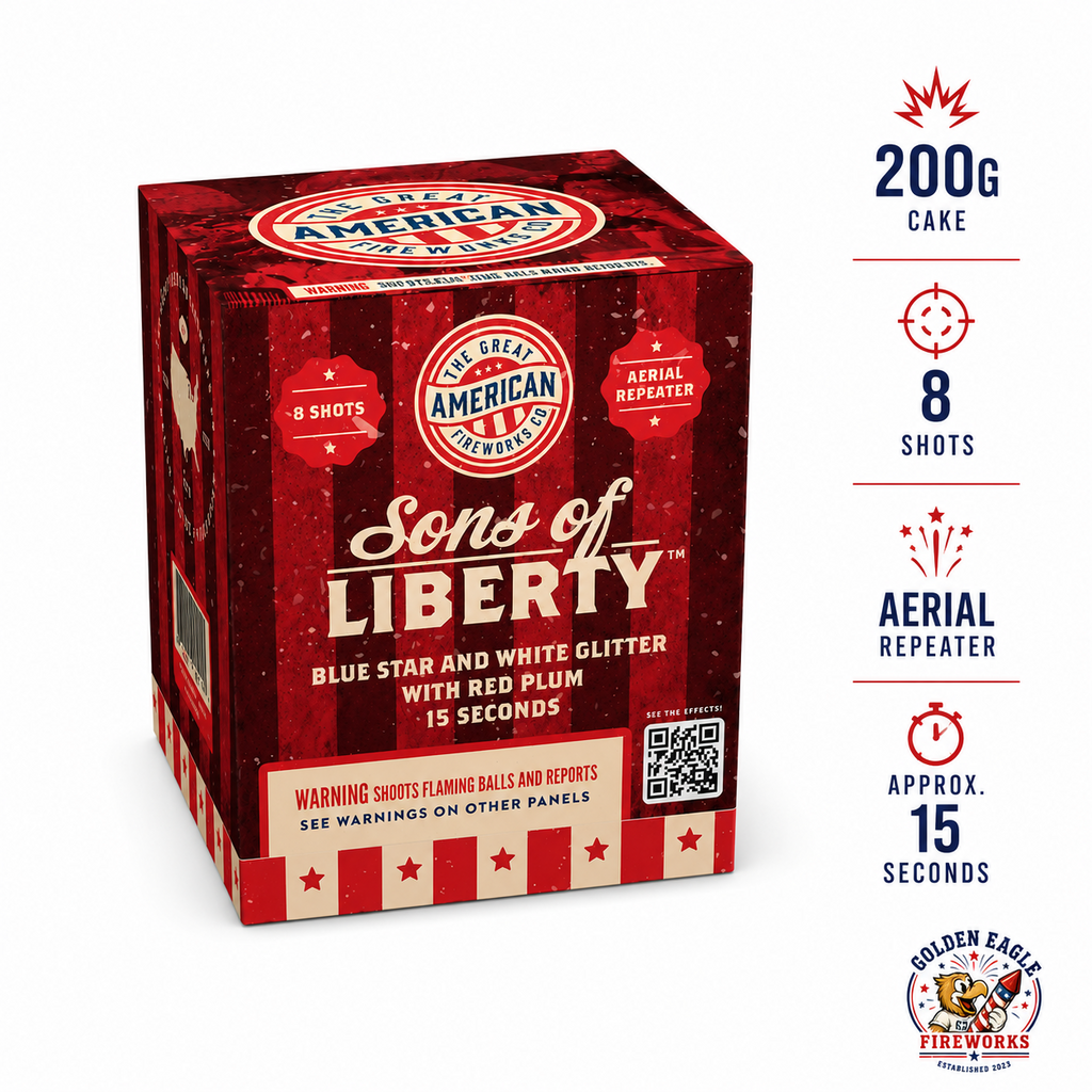 Golden Eagle Fireworks Sons of Liberty 200g aerial repeater angled view — 8 shots, blue star and white glitter with red plum effects, approximately 15 seconds, Houston TX