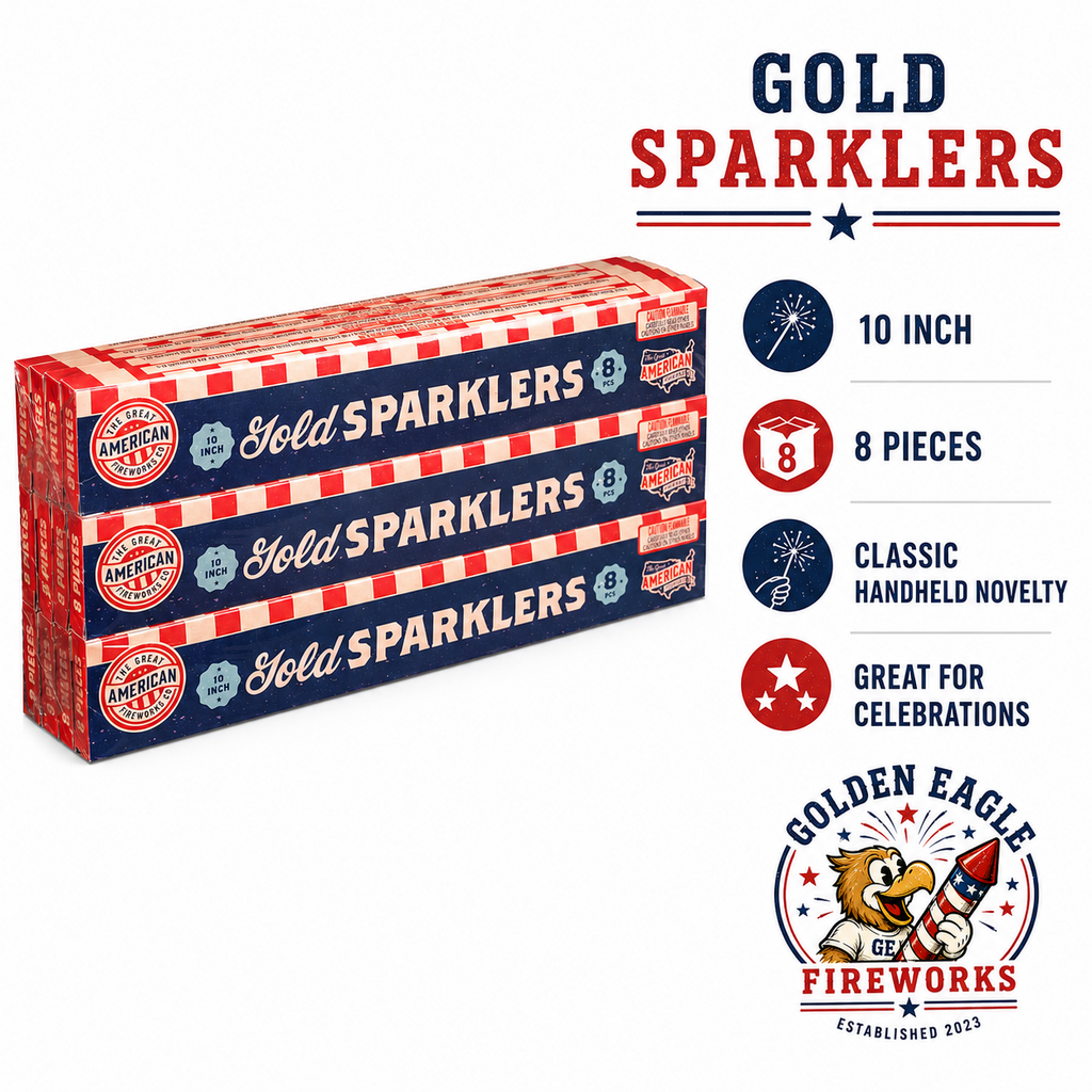 Gold Sparklers 10 inch display case with 12 packs of 8 sparklers, patriotic-style packaging, handheld sparkler design, and party fireworks available at Golden Eagle Fireworks.