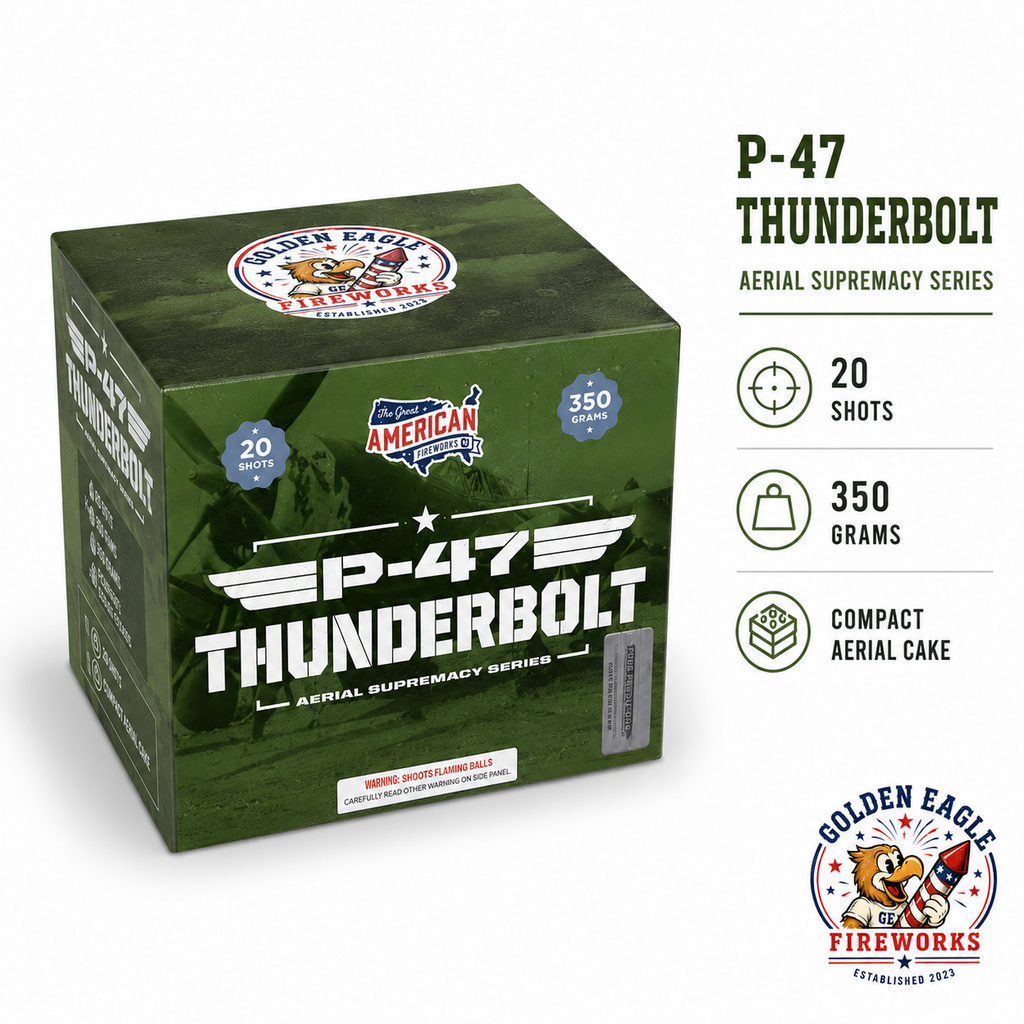 P-47 Thunderbolt aerial cake feature image showing 20 shots, 350 gram performance, compact aerial cake format, bold green aviation-inspired packaging, and consumer fireworks from Golden Eagle Fireworks.