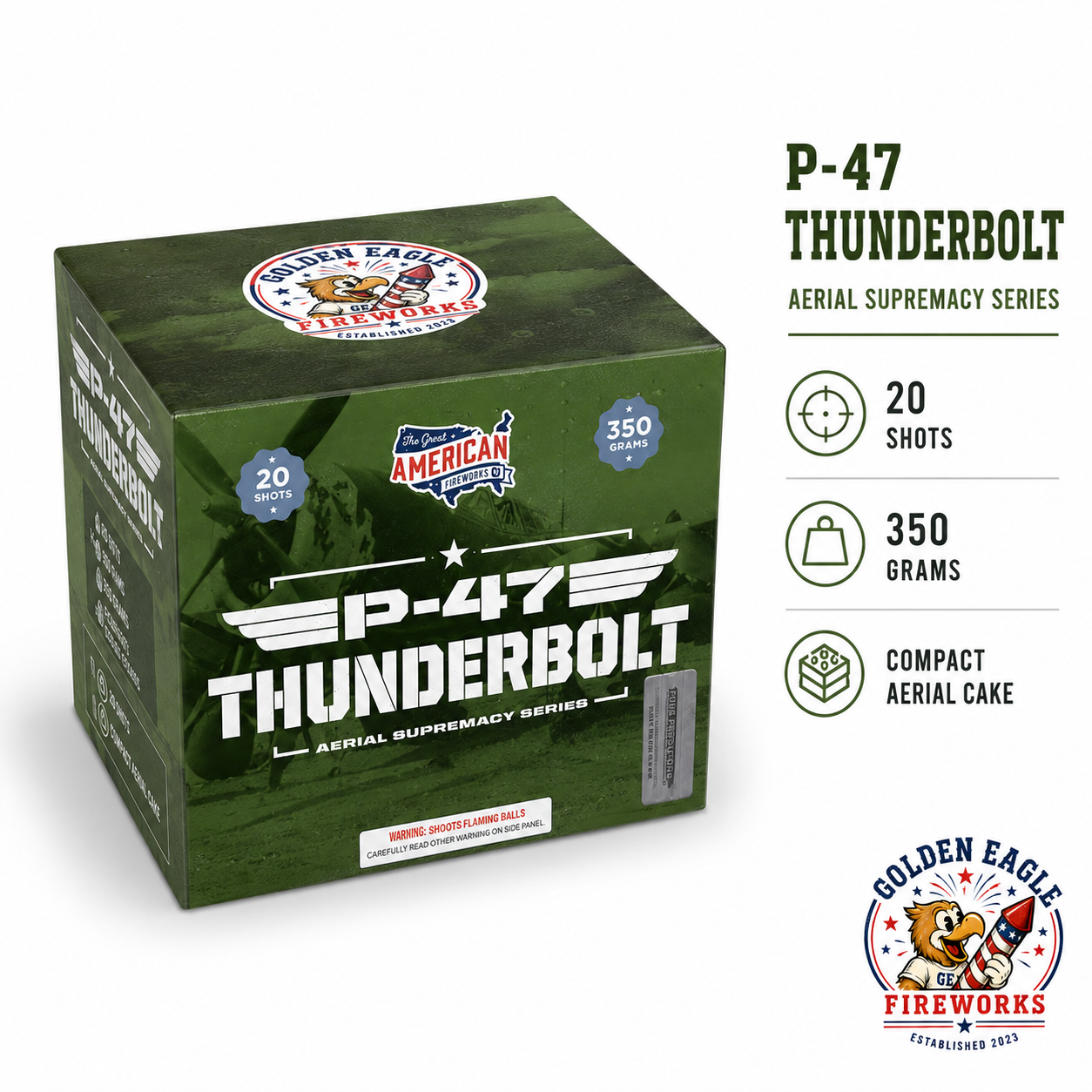 P-47 Thunderbolt aerial cake feature image showing 20 shots, 350 gram performance, compact aerial cake format, bold green aviation-inspired packaging, and consumer fireworks from Golden Eagle Fireworks.