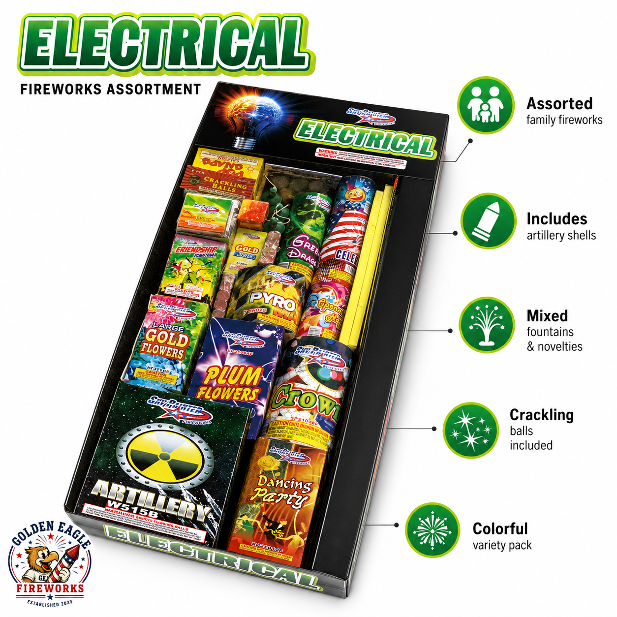 Electrical Fireworks Assortment variety pack highlighting artillery shells, fountains, novelty fireworks, crackling balls, and colorful family-friendly consumer fireworks.
