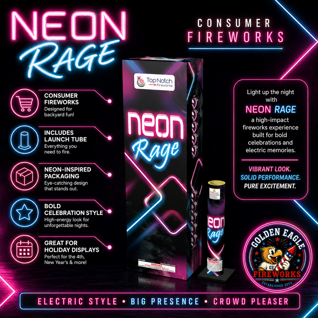 Neon Rage premium fireworks shell kit featuring bold neon-themed packaging, included launch tube, vibrant consumer fireworks, and celebration-ready performance.