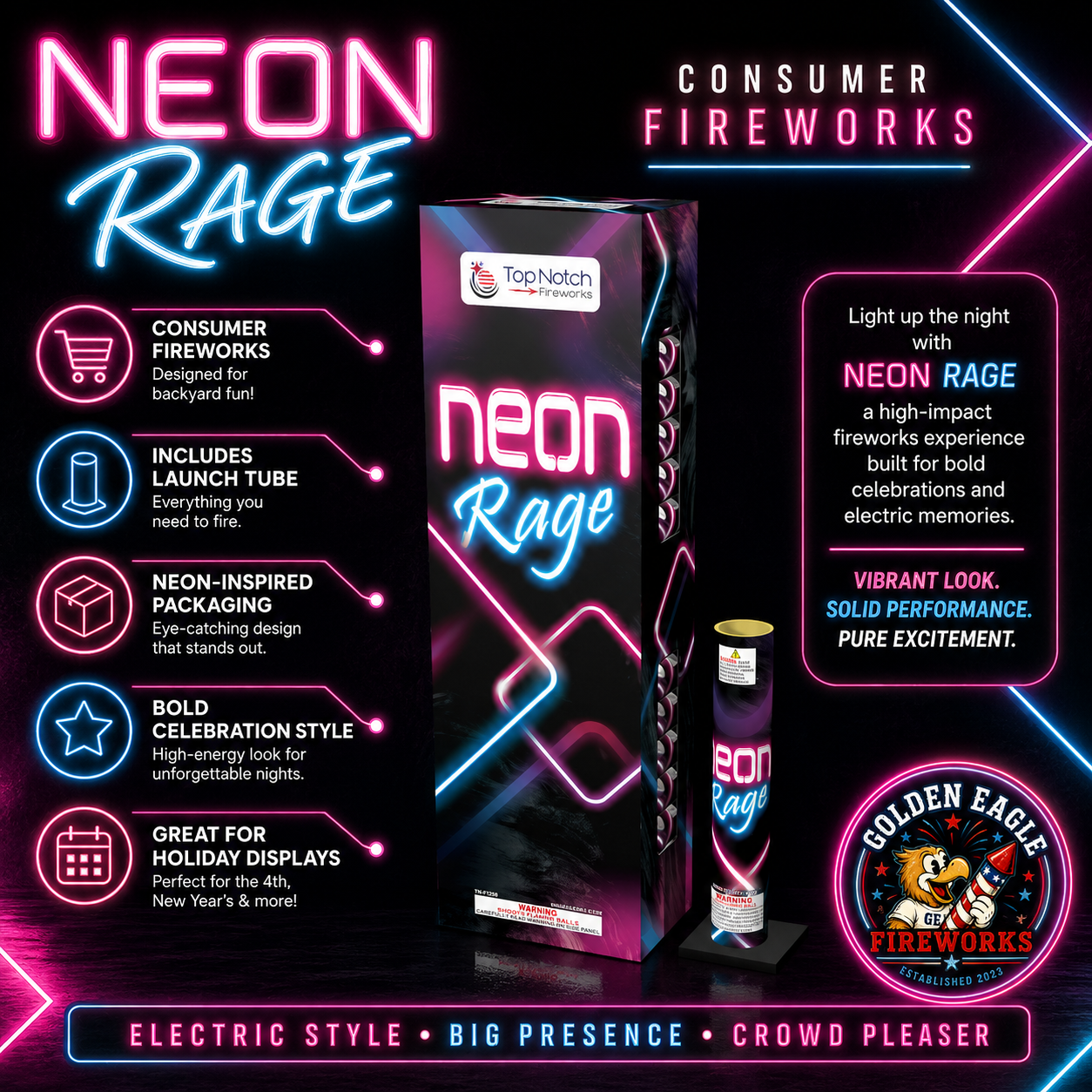 Neon Rage premium fireworks shell kit featuring bold neon-themed packaging, included launch tube, vibrant consumer fireworks, and celebration-ready performance.