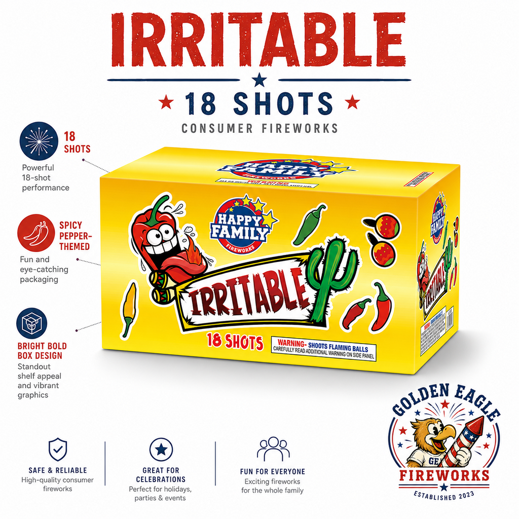 Irritable 18-shot fireworks cake with flaming ball effects — spicy pepper design, high-energy performance, sold at Golden Eagle Fireworks Houston TX