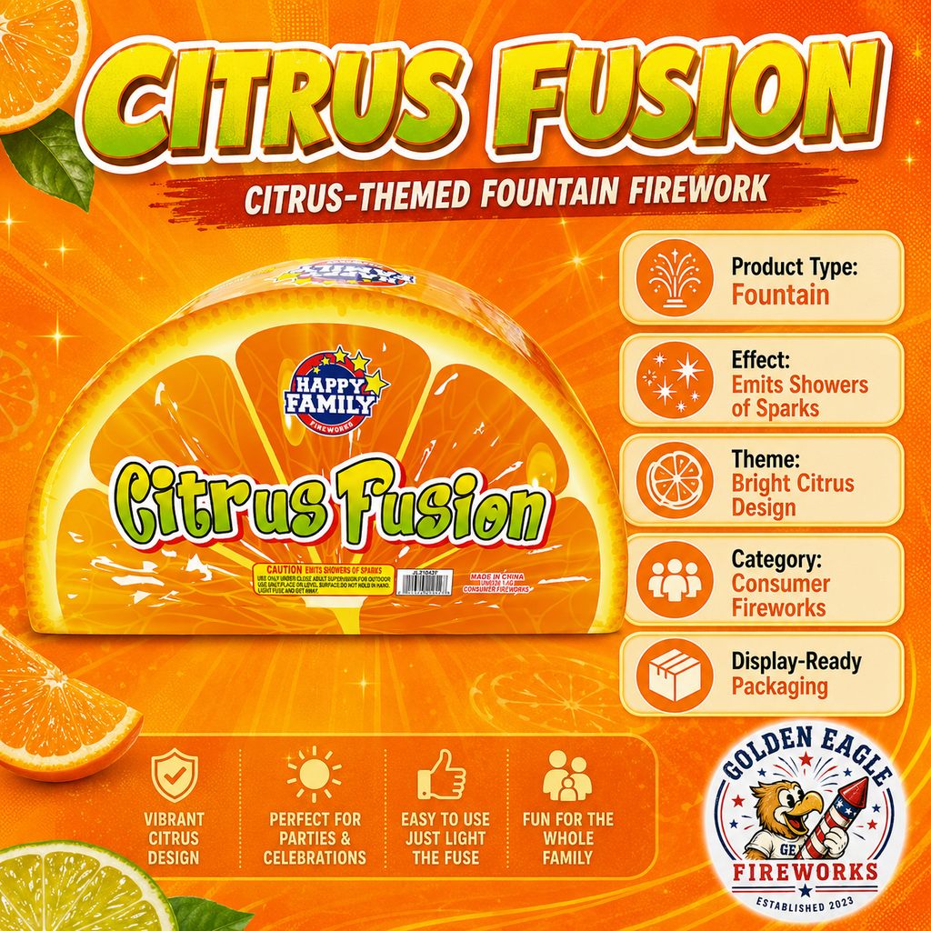 Citrus Fusion fountain firework featuring vibrant citrus design and sparkling fountain effects from Golden Eagle Fireworks.
