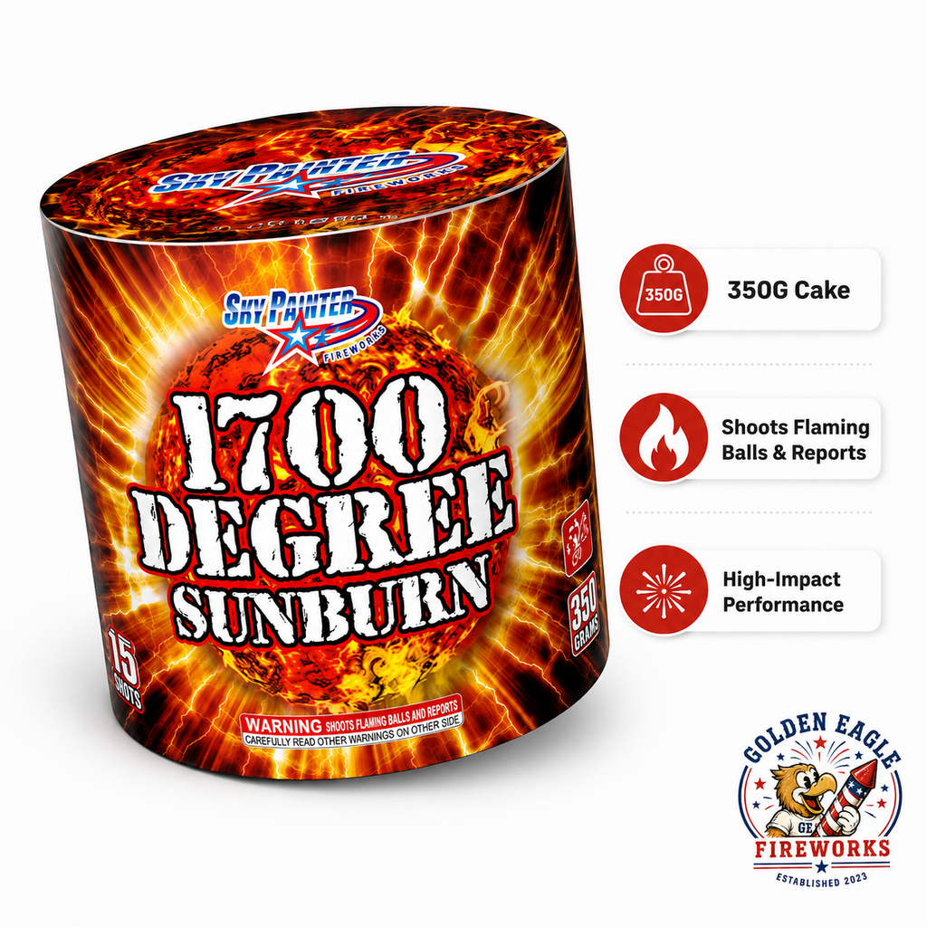 Golden Eagle Fireworks 1700 Degree Sunburn 350g cake angled view showing 15 shots, flaming balls and reports, high-impact performance consumer firework Houston TX