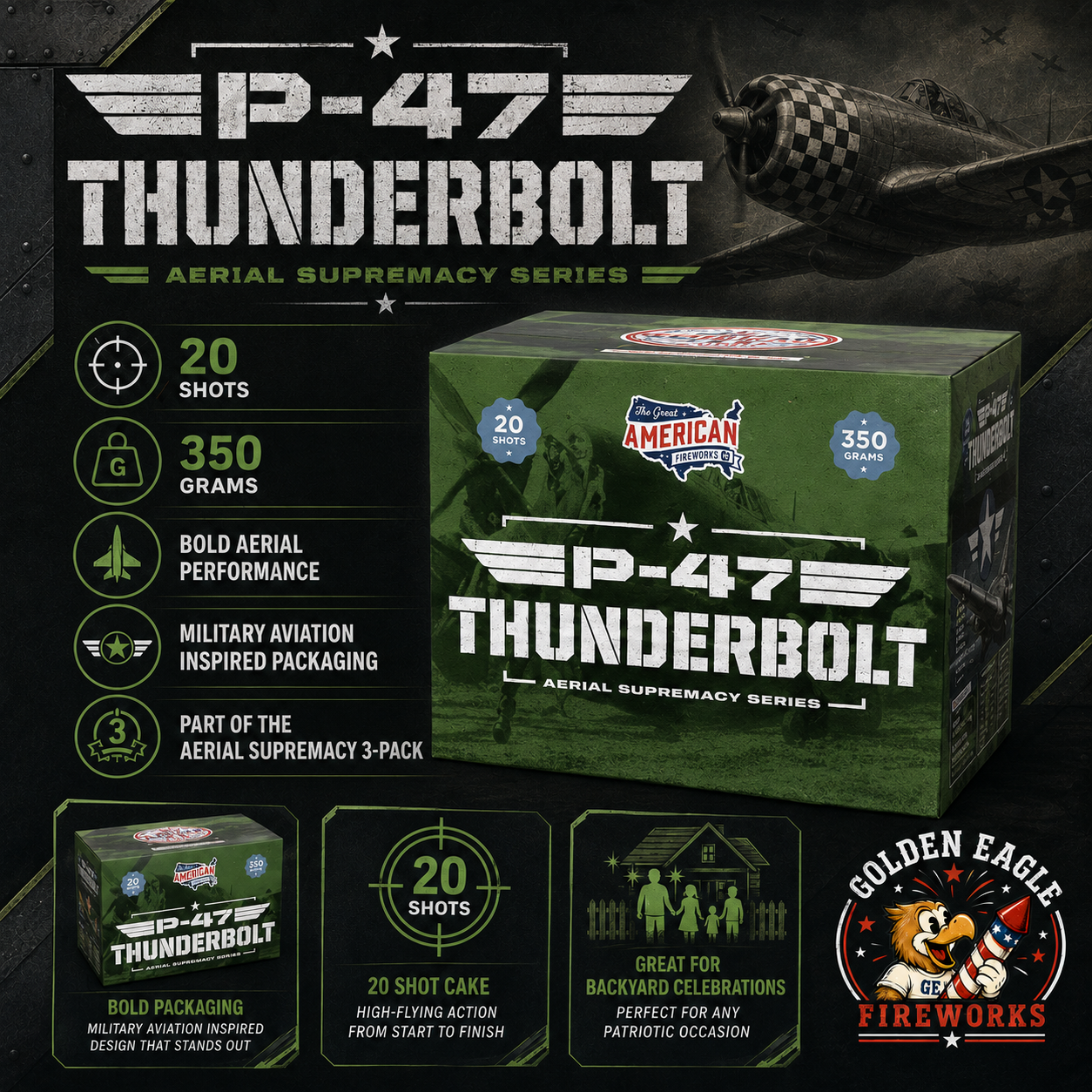 P-47 Thunderbolt aerial cake infographic featuring 20 shots, 350 grams, military aviation inspired design, bold aerial performance, and backyard celebration fireworks from Golden Eagle Fireworks.