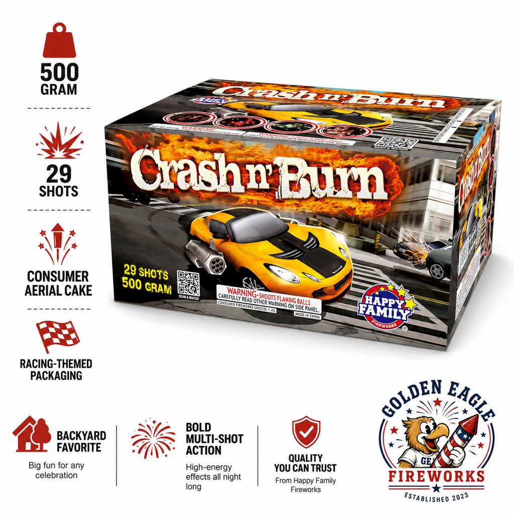 Crash n' Burn 500g 29-shot consumer aerial cake — racing-themed design, bold multi-shot action, sold at Golden Eagle Fireworks Houston TX
