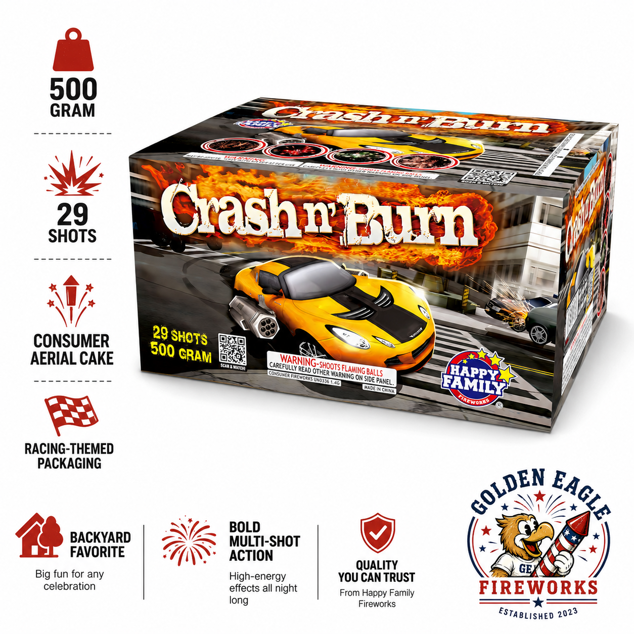 Crash n' Burn 500g 29-shot consumer aerial cake — racing-themed design, bold multi-shot action, sold at Golden Eagle Fireworks Houston TX